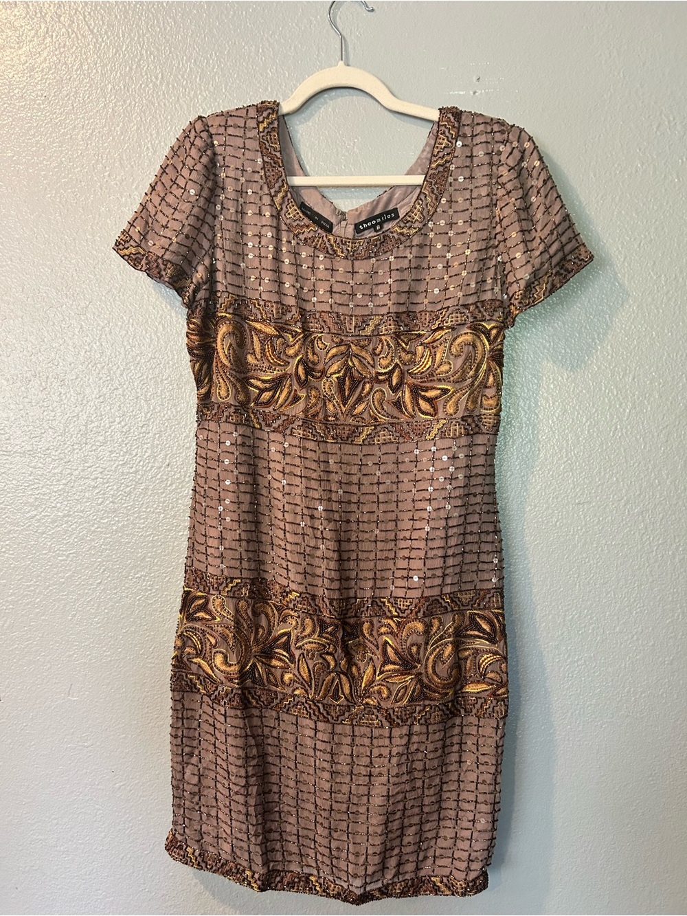 Vintage Theomiles 100% Silk Beaded/Embroidered Wedding Midi Dress-Mauve/Gold.
